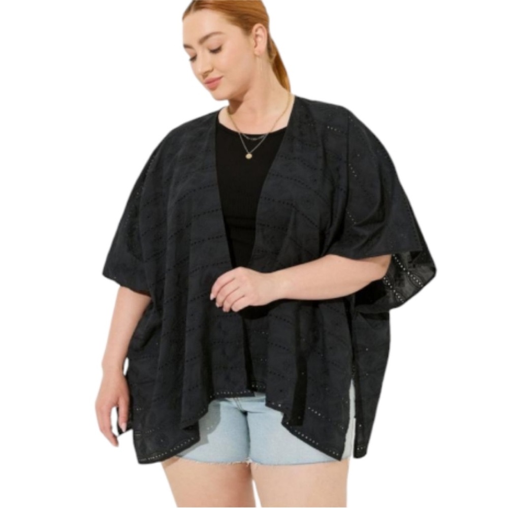 TORRID EMBROIDERED BLACK WOVEN RUANA EYLET COTTON TOPPER